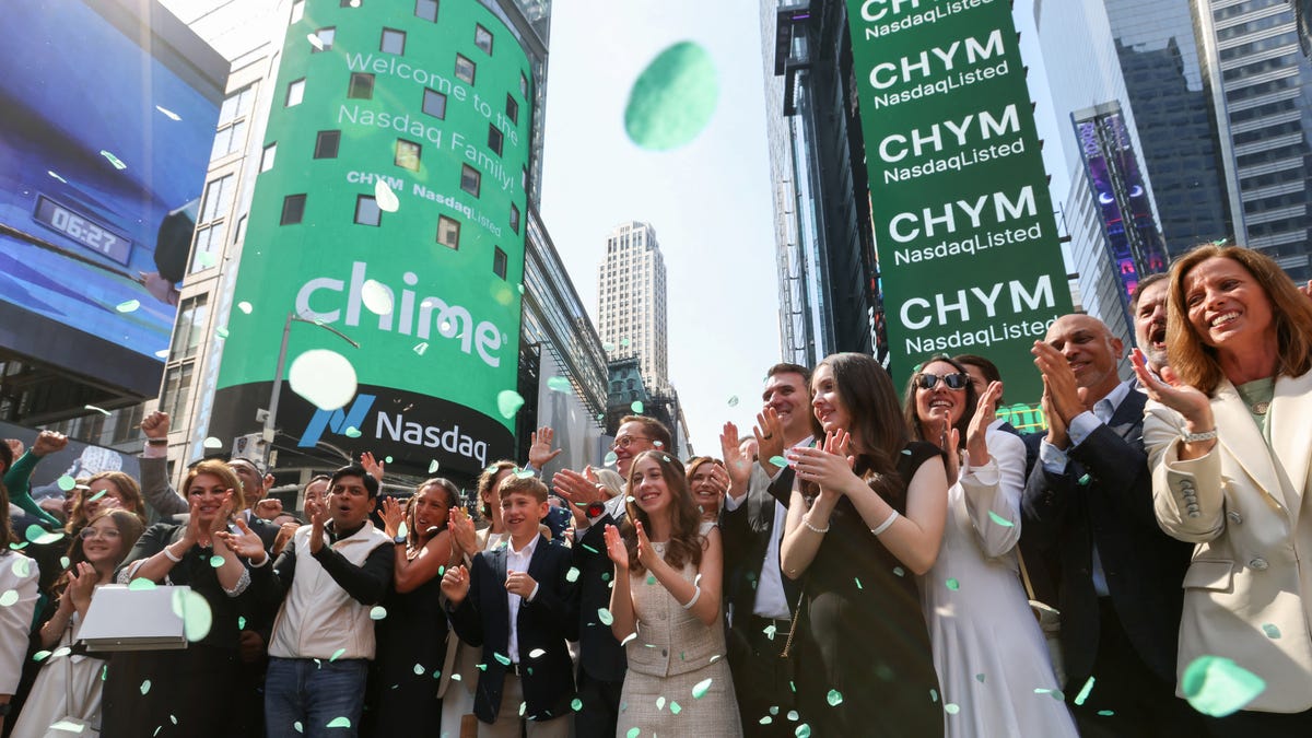 Chime CEO and Co-Founder Chris Britt, Chime Co-Founder Ryan King and others attend the company's IPO at the Nasdaq MarketSite in New York City, U.S., June 12, 2025.