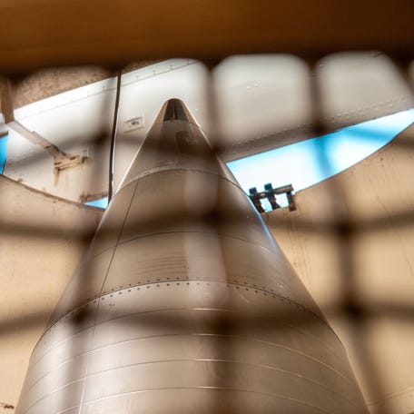 A Minuteman III intercontinental ballistic missile is pictured during a maintenance transfer near Sydney, Nebraska, Feb. 5, 2025.