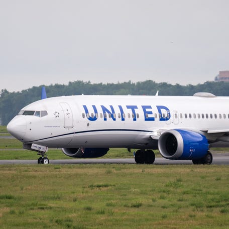 A United Airlines Boeing 737-8 MAX airplane prepares to takeoff at Ronald Reagan Washington National Airport in Arlington, Virginia, on July 10, 2025.