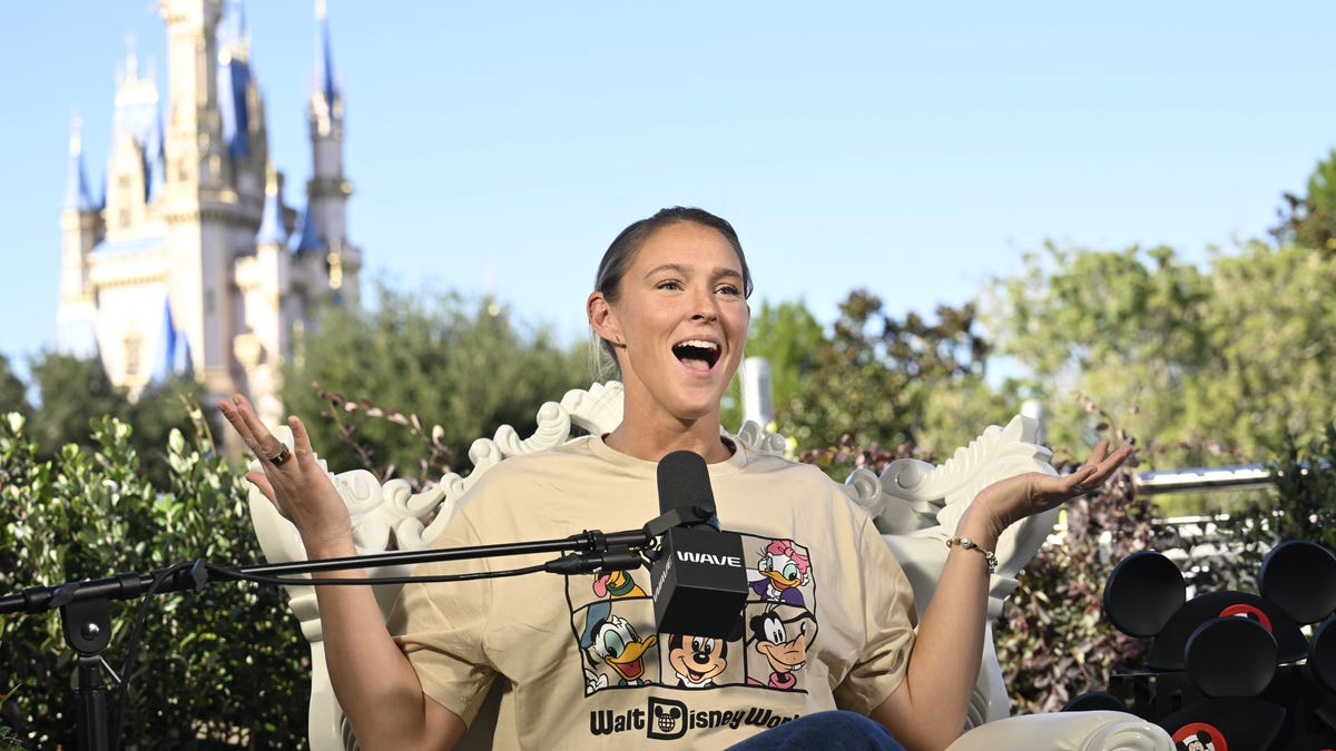 Kylie Kelce records her podcast, "Not Gonna Lie with Kylie Kelce" at Disney World on Nov. 3, 2025, in Orlando, Fla. Kelce is redefining motherhood with her honesty and humor with her podcast, which is finishing its first year.