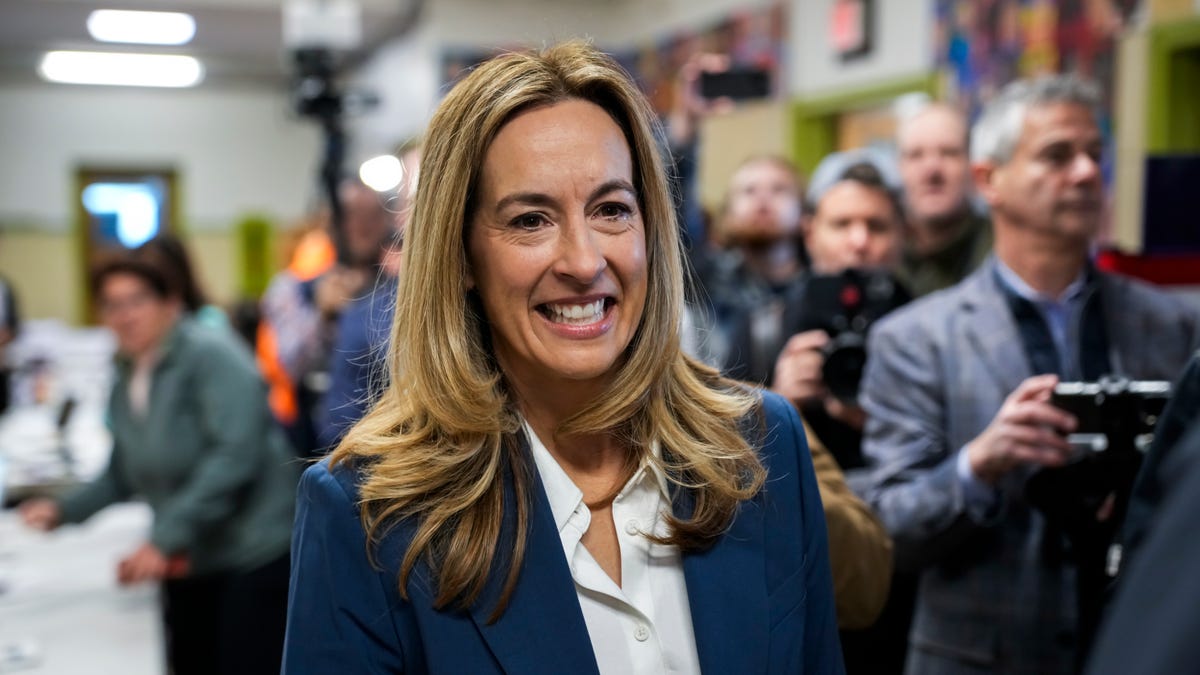 MONTCLAIR, NEW JERSEY - NOVEMBER 4: New Jersey Democratic gubernatorial candidate, U.S. Rep. Mikie Sherrill (D-NJ), arrives to cast her vote on November 4, 2025 in Montclair, New Jersey. Sherrill faces off against Republican gubernatorial candidate Jack Ciattarelli, in a tightly contested race for New Jersey governor. (Photo by Eduardo Munoz Alvarez/Getty Images)