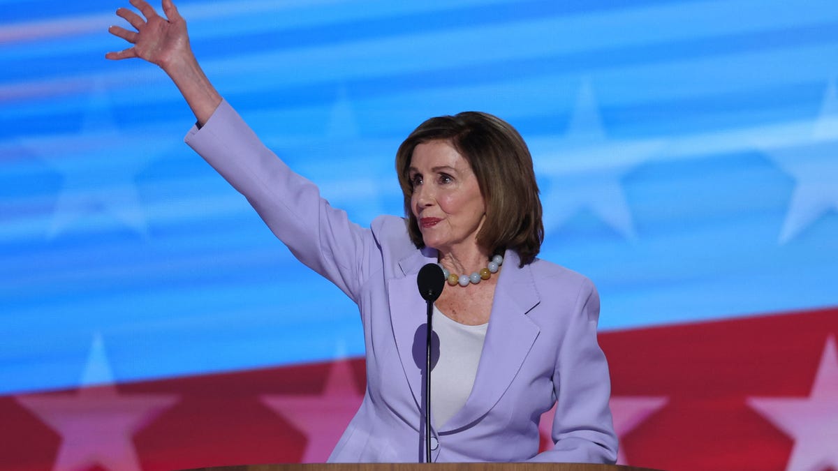 Representative Nancy Pelosi (D-CA) gestures as she speaks at the Democratic National Convention at the United Center, in Chicago, Illinois, U.S., August 21, 2024.