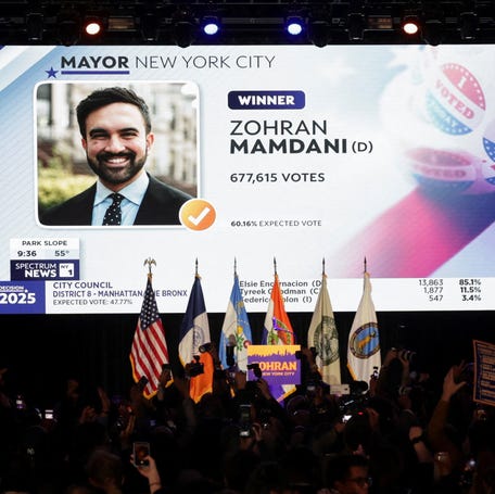 Supporters of Zohran Mamdani celebrate the Democratic nominee winning the mayoral election at a rally in Brooklyn on Nov. 4, 2025.