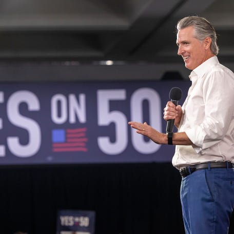 California Governor Gavin Newsom speaks at a "Yes On Prop 50" volunteer event at the LA Convention Center on November 1, 2025 in Los Angeles, California. California's Prop 50 is on the ballot to either authorize or deny temporary changes to congressional district maps. Election Day is November 4th.
