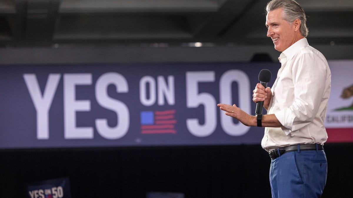 California Governor Gavin Newsom speaks at a "Yes On Prop 50" volunteer event at the LA Convention Center on November 1, 2025 in Los Angeles, California. California's Prop 50 is on the ballot to either authorize or deny temporary changes to congressional district maps. Election Day is November 4th.