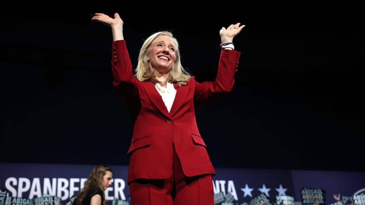 Virginia Democratic gubernatorial candidate, former Rep. Abigail Spanberger celebrates as she takes the stage during her election night rally at the Greater Richmond Convention Center on November 04, 2025 in Richmond, Virginia.