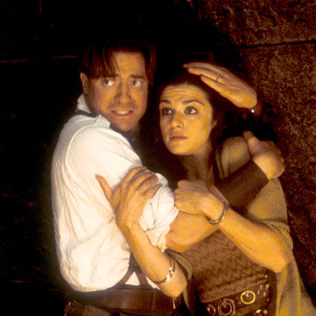 Rick (played by Brendan Fraser, left) and Evelyn O'Connell (played by Rachel Weisz) brace themselves for trouble in "The Mummy Returns."