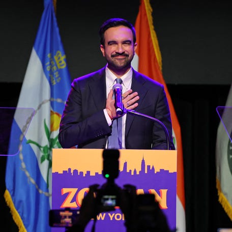 New York City mayor-elect Zohran Mamdani celebrates during an election night event at the Brooklyn Paramount Theater in Brooklyn, New York on Nov. 4, 2025.
