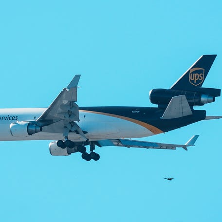 A bird flies in the foreground as a UPS MD-11 cargo plane flies towards Muhammad Ali International Airport in Louisville, Kentucky Nov. 6, 2025. A UPS MD-11 crashed shortly after takeoff Nov. 4 at the airport, killing the three crew members and nine more people on the ground. More than a dozen were injured.
