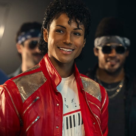 Jaafar Jackson portrays his real-life uncle, pop icon Michael Jackson, in a scene from the upcoming biopic "Michael."