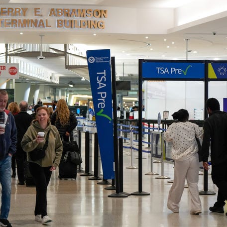 The TSA checkpoint at Muhammad Ali Louisville International Airport is active on Nov. 5, 2025.