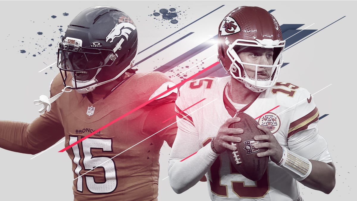 Nik Bonitto of the Denver Broncos and Patrick Mahomes of the Kansas City Chiefs