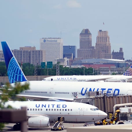 Multiple United Airlines planes pictured on July 3, 2023, at Newark Liberty International Airport in Newark, N.J.