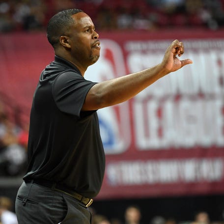 Former Cleveland Cavaliers Summer League head coach Damon Jones gestures during an NBA Summer League game against the Los Angeles Lakers at Thomas & Mack Center in Las Vegas on July 13, 2017.