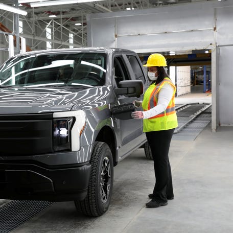 A Ford Motors pre-production all-electric F-150 Lightning truck prototype is seen at the Rouge Electric Vehicle Center in the Rouge Complex in Dearborn, Michigan, U.S. September 16, 2021.