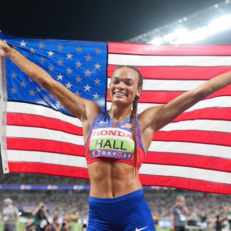 Anna Hall celebrates after winning the women's heptathlon at National Stadium on Sept. 20, 2025.
