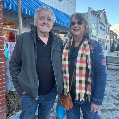 Lorraine Macaulay and her husband Jeff on Main Street in Kilmarnock on Nov. 3, 2025