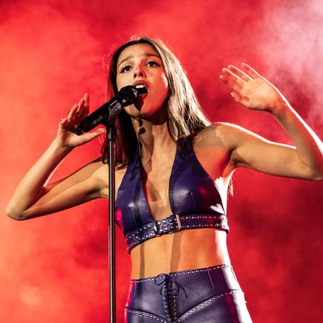 Olivia Rodrigo performs on the Orange main stage at Roskilde Festival in Roskilde, Denmark, on July 4, 2025.