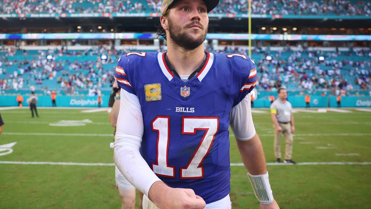 Josh Allen looks on after the game against the Miami Dolphins at Hard Rock Stadium.