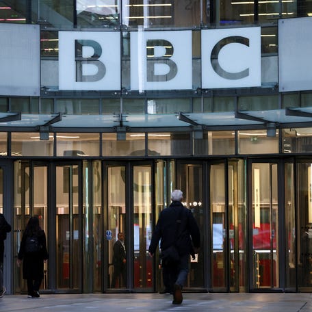 People walk outside BBC Broadcasting House, in London, on Nov. 10, 2025. REUTERS/Jack Taylor