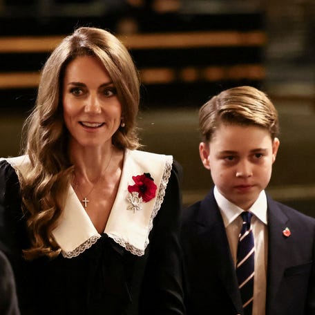 Princess Kate and Prince George arrive to attend The Royal British Legion Festival of Remembrance on Nov. 8, 2025.