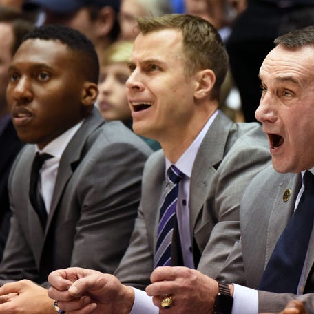 Nov 11, 2018; Durham, NC, USA; Duke Blue Devils head coach Mike Krzyzewski (right) reacts to a call during the second half against the Army Black Knights at Cameron Indoor Stadium. The Blue Devils won 94-72. Mandatory Credit: Rob Kinnan-USA TODAY Sports