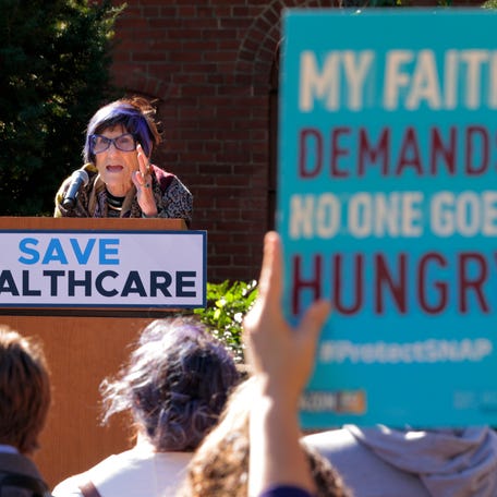 Rep. Rosa DeLauro (D-CT) speaks during a prayer rally on the ninth day of a federal government shutdown in the courtyard of St. Mark's Episcopal Church on Capitol Hill on October 09, 2025 in Washington, DC.