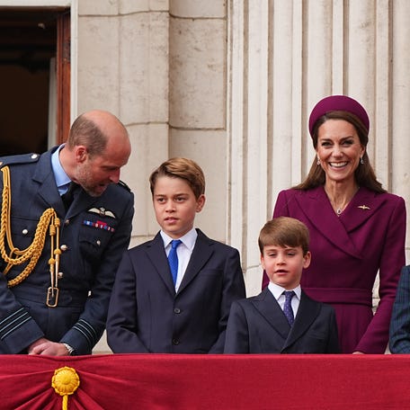Prince William, Prince George, Prince Louis, Princess Kate and Princess Charlotte appear on the balcony of Buckingham Palace to view the fly past featuring the Royal Air Force's Red Arrows and current and historic military aircraft for the 80th anniversary of VE Day on May 5, 2025, in London.