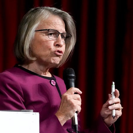 Rep. Mariannette Miller-Meeks speaks during a town hall Nov. 10, 2025 at Roberts Memorial Center in Keosauqua, Iowa.