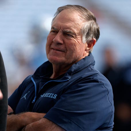 Head coach Bill Belichick of the North Carolina Tar Heels looks on prior to the game against the Virginia Cavaliers at Kenan Memorial Stadium on October 25, 2025 in Chapel Hill, North Carolina.