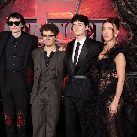 (L-R) Sadie Sink, Caleb McLaughlin, Finn Wolfhard, Gaten Matarazzo, Noah Schnapp and Millie Bobby Brown attend the Los Angeles Premiere of Netflix's "Stranger Things" Season 5 at TCL Chinese 6 Theatres on Nov. 6, 2025.