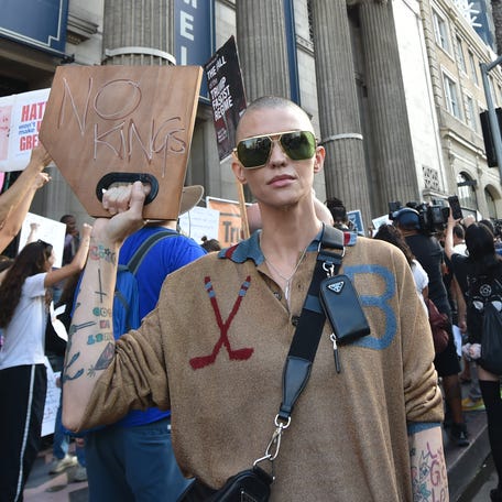 Actor Ruby Rose participates in a rally to protest the cancelation of the "Jimmy Kimmel Live!" show outside the El Capitan Entertainment Centre in Hollywood, California on Sept. 18, 2025.
