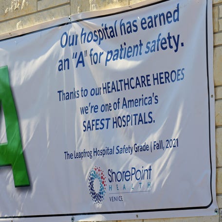 A banner posted on the ball of ShorePoint Health Venice boasts of the hospital's A grade in the Leapfrog Group hospital safety survey and high enough to be seen by passing motorists.    Sar 120121 V Bayfronthealth04