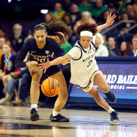 Notre Dame junior Hannah Hidalgo (3) goes to steal the ball from Akron's Keiryn McGuff during an NCAA women's college basketball game between Notre Dame and Akron Wednesday, Nov. 12, 2025, at Purcell Pavilion in South Bend, Indiana.