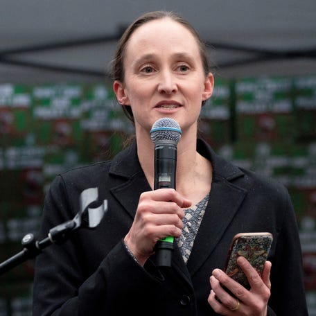Seattle Mayor-elect Katie Wilson addresses a rally at a shuttered Starbucks on Nov. 13, 2025, as its employees participate in a nationwide strike.