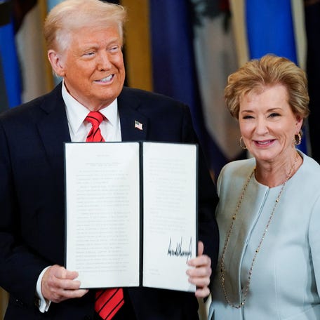 President Donald Trump and Education Secretary Linda McMahon on March 20, 2025, at the White House during the signing event for an executive order to shut down the Department of Education.