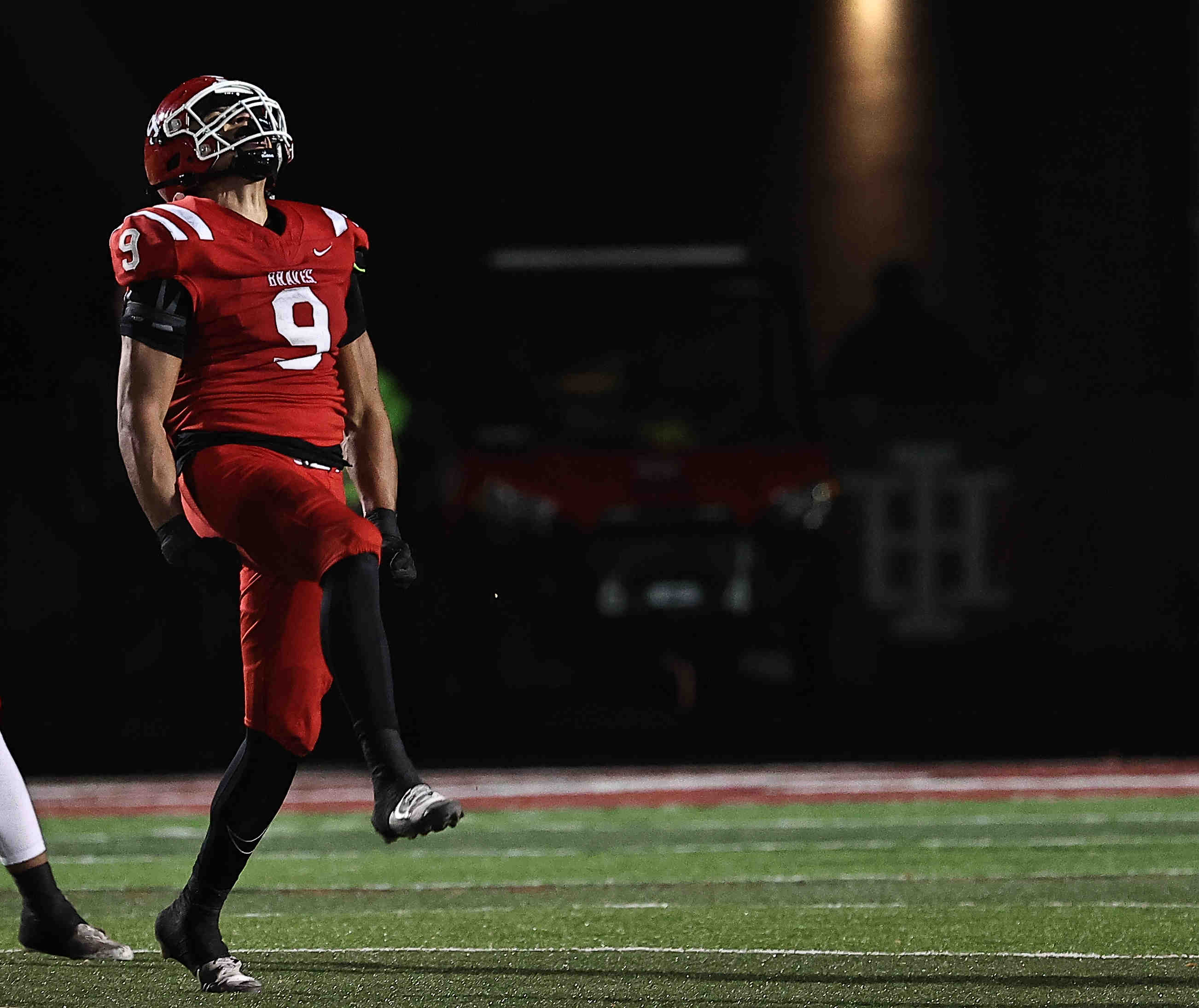 Indian Hill's Jaxon Frye (9) reacts during the OHSAA Division IV regional semifinal game between Indian Hill and Taft Friday, Nov. 14, 2025. Indian Hill won 25-19.