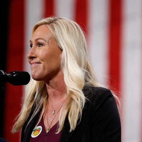 ATLANTA, GEORGIA - OCTOBER 15: U.S. Rep. Marjorie Taylor Greene (R-GA) speaks before Republican presidential nominee, former U.S. President Donald Trump during a campaign rally at the Cobb Energy Performing Arts Centre on October 15, 2024 in Atlanta, Georgia. With early voting starting today in Georgia both Trump and Democratic presidential nominee, Vice President Kamala Harris are campaigning in the Atlanta region this week as polls show a tight race. (Photo by Kevin Dietsch/Getty Images)