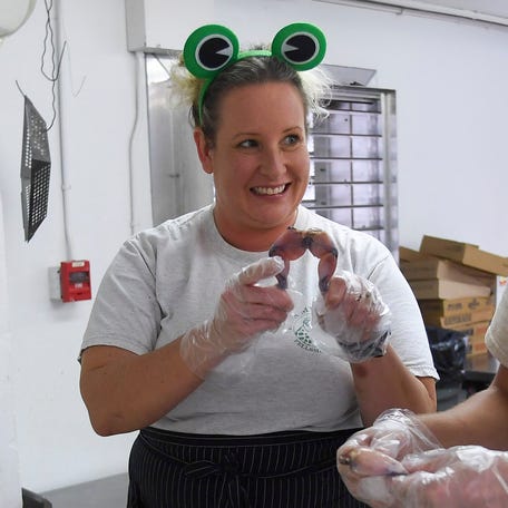 Susan Adams, president of Florida's Fellsmere Frog Leg Festival and an Indian River County commissioner, holds frog legs before frying them in 2024.