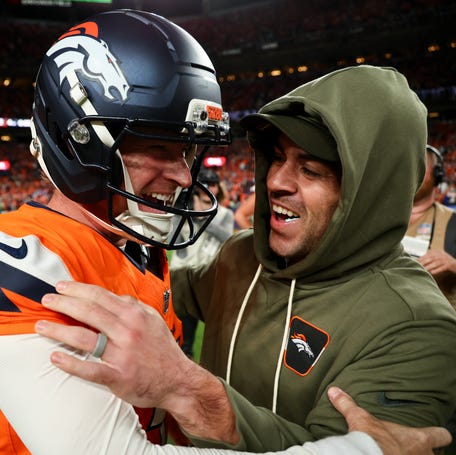Wil Lutz #3 of the Denver Broncos celebrates after his game winning field goal against the Kansas City Chiefs at Empower Field At Mile High on November 16, 2025 in Denver, Colorado.