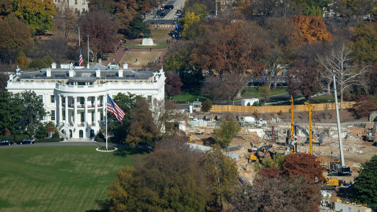 Seen from the Washington Monument on Nov. 14, 2025, in Washington, DC, construction crews continue to remove the East Wing of the White House and prepare for the new ballroom construction.
