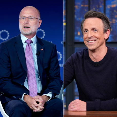 FCC chair Brendan Carr, left, posted a call on social media for NBC to fire Seth Meyers.