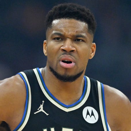 Milwaukee Bucks forward Giannis Antetokounmpo on the court against the Cleveland Cavaliers at Rocket Arena.