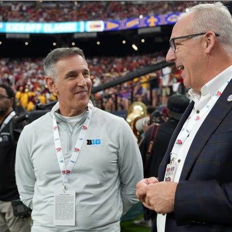 Sep 1, 2024; Paradise, Nevada, USA; Big 10 commissioner   Tony Petitti (left) and SEC commissioner Greg Sankey attend the game between the LSU Tigers and the Southern California Trojans at Allegiant Stadium. Mandatory Credit: Kirby Lee-USA TODAY Sports