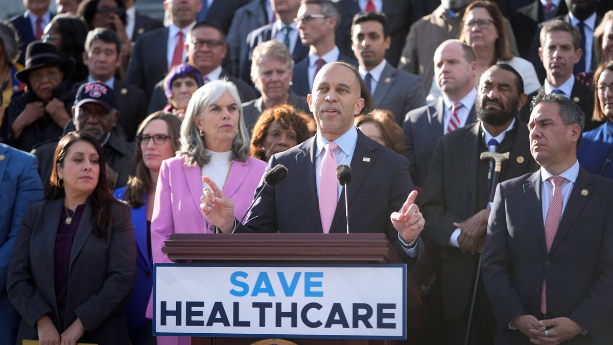 Democratic House Leader Hakeem Jeffries stands with other Democratic leaders on the steps of the U.S. Capitol as members return after a 54-day break, before House lawmakers take up legislation that would end the longest government shutdown in American history and vote on the Senate-passed spending deal.