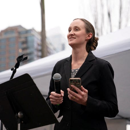 Seattle Mayor-elect Katie Wilson addresses a rally at a shuttered Starbucks on Nov. 13, 2025, as its employees participate in a nationwide strike.