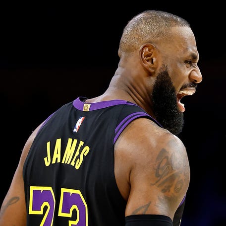LeBron James reacts during the Lakers' game against the Jazz.