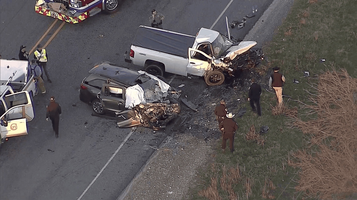 The aftermath is shown following a tragic crash between 17-year-old Luke Resecker in a Chevy Silverado and a Honda Odyssey minivan carrying a family of seven, six of whom were killed. The Dec. 26, 2023, crash occurred along a two-way highway near Cleburne, Texas, about an hour southwest of Dallas.