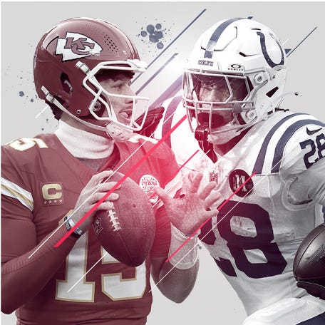 Jonathon Taylor of the Indianapolis Colts and Patrick Mahomes of the Kansas City Chiefs