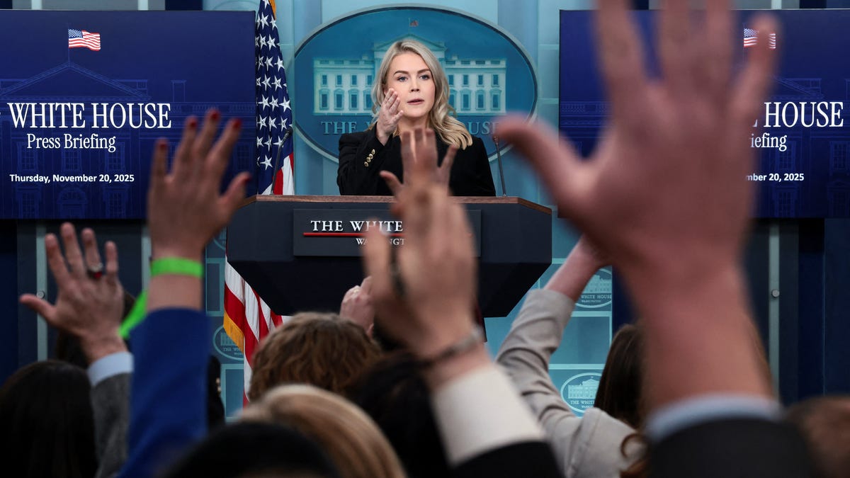 White House Press Secretary Karoline Leavitt takes questions from reporters during a press briefing at the White House on Nov. 20, 2025.